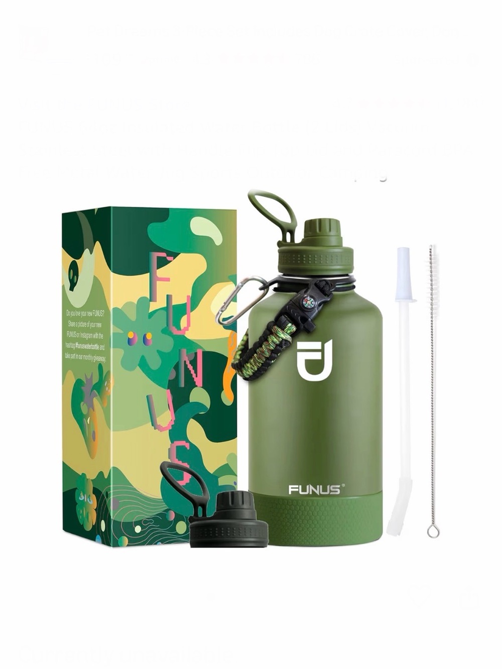 FUNUS Green Vacuum Stainless Steel Water💦Bottle🥤64oz/2000ml w Accessories